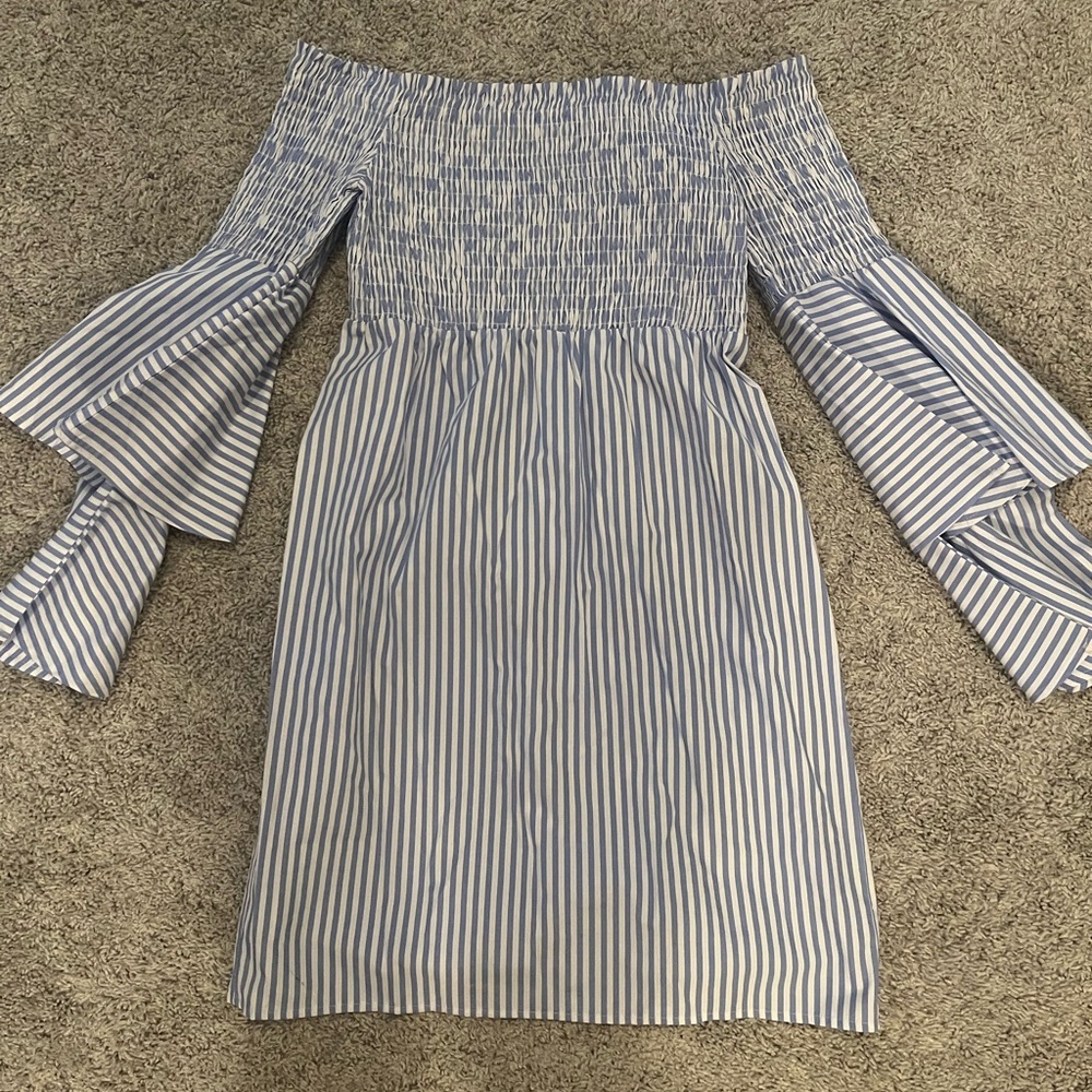 VENUS Blue and White Striped Off-Shoulder Bell Sleeve Dress